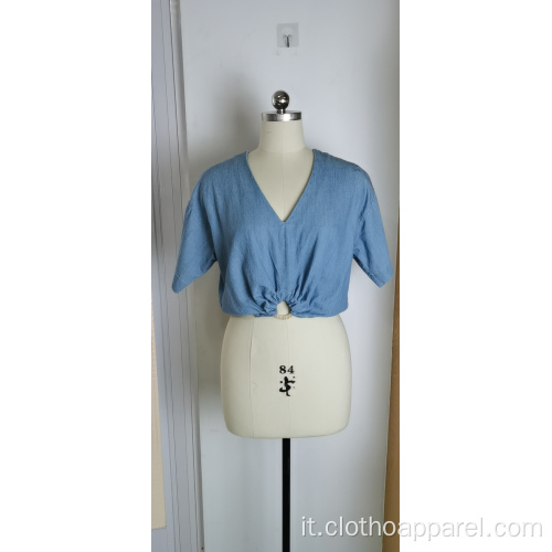 Top da donna a maniche corte blu con scollo a V e ombelico